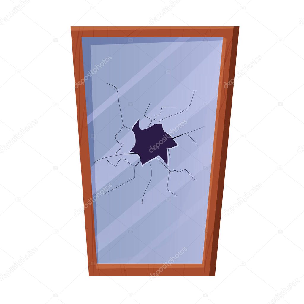 Wooden frame with broken mirror in cartoon style isolated on white background. Bad luck, accident, cracked looking glass.