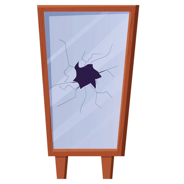 Holzrahmen mit zerbrochenem Spiegel im Cartoon-Stil isoliert auf weißem Hintergrund. Pech, Unfall, zerborstene Scheiben. — Stockvektor