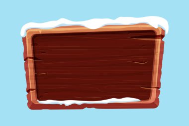 Eski tahta boş, çizgi film tarzında karlı tabela. Boş çerçeve, beyaz arka planda izole edilmiş yön tahtası. Sezon dekorasyonu