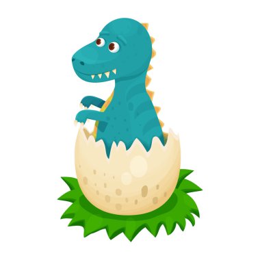 Beyaz arka planda karikatür tarzında yumurtadan çıkan yumurta içindeki şirin dinozor yavrusu. Hayvan, sürüngen, sevimli küçük canavar. - Evet. Vektör illüstrasyonu