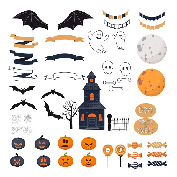 Jogo de Halloween com elementos assustadores em silhueta estilo cartoon isolado no fundo branco. Abóbora diferente, fantasmas, morcego negro. Decorações de férias. — Vetor de Stock