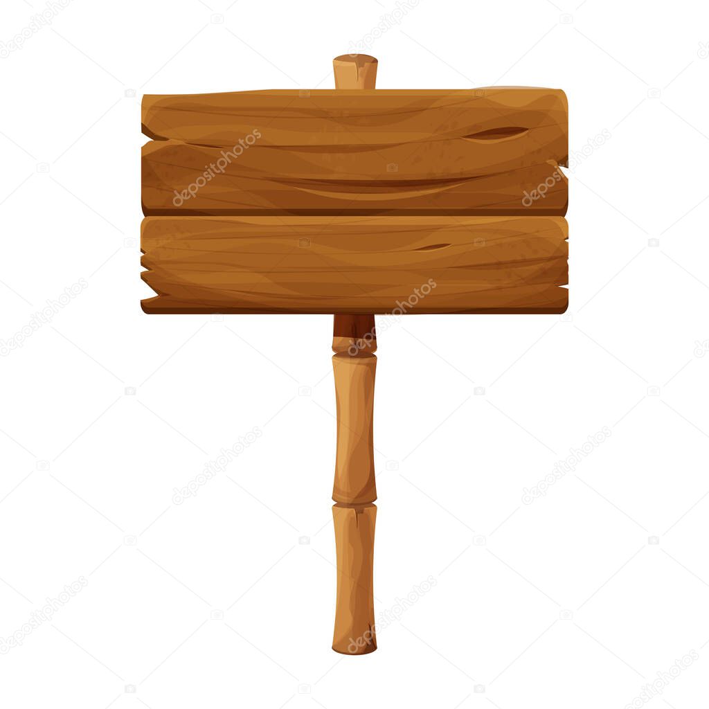 Wooden signboard with bamboo stick in cartoon style, empty signpost isolated on white background. Ui game asset, exotic decoration.