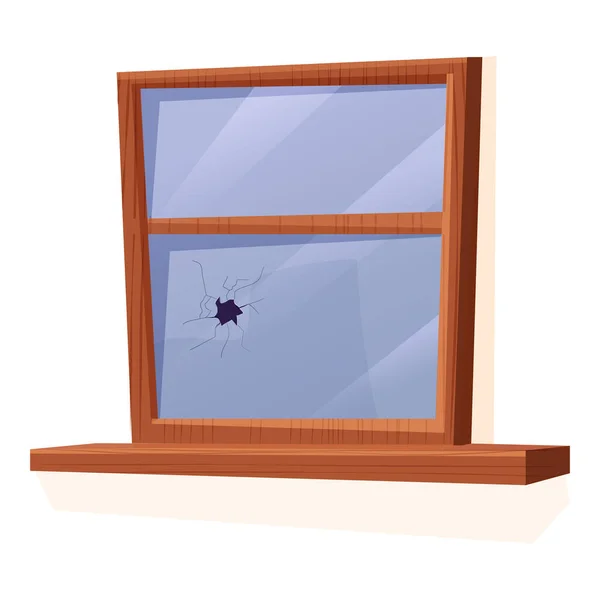 Holzfenster mit zerbrochenem, rissigem Glas im Cartoon-Stil isoliert auf weißem Hintergrund. Unfall, Baustopp. — Stockvektor