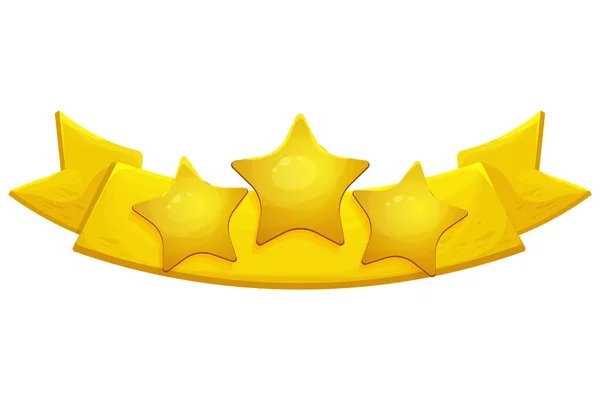 Ruban d'or bannière signe de victoire avec des étoiles bande dessinée dans le style de dessin animé isolé sur fond blanc. Ui jeu actif, cadeau, vainqueur félicitations concept. — Image vectorielle