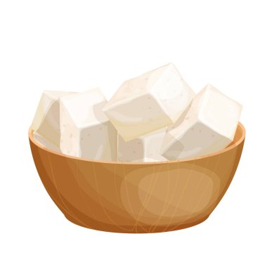 Ahşap kasedeki tofu beyaz arka planda izole edilmiş çizgi film tarzında. Vejetaryen beslenme, sağlıklı yiyecekler. Soğuk soya peyniri. Geleneksel mutfak.