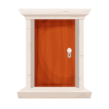 Pencereli ahşap kapı, beyaz arka planda izole edilmiş karikatür tarzında taş kapı çerçevesi. Kapalı modern giriş. Dekorasyon elementi.