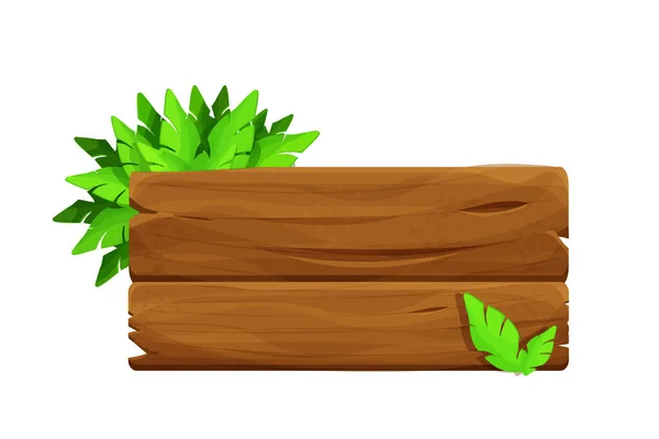 Stara deska drewniana, szyld ozdobione liście palmowe w stylu kreskówki izolowane na białym tle. Dżungla, element tropikalny, teksturowana i szczegółowa deska. Aktywa gier Ui — Wektor stockowy