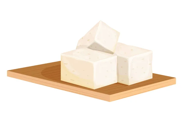 Trozos de queso de soja tofu cuajada sobre tabla de madera, escritorio de corte en estilo de dibujos animados aislados sobre fondo blanco. Proteína vegetariana, alimento nutricional, ingrediente. — Archivo Imágenes Vectoriales