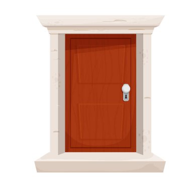 Beyaz arka planda karikatür tarzında ahşap kapı çerçevesi. Kapalı modern giriş. Dekorasyon elementi. Vektör illüstrasyonu