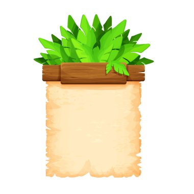 Beyaz arka planda karikatür tarzında parşömen kağıdı çerçeveli ahşap tahtalar. Çerçeve, ortaçağ paneli, menü. Boş gui varlığı, tabela. Vektör illüstrasyonu