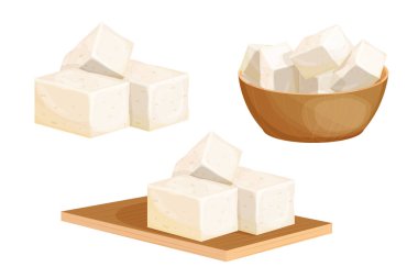 Tahta kaseye tofu parçaları koyun, beyaz arka planda izole edilmiş çizgi film tarzında kesim masasının üzerine. Vejetaryen beslenme malzemesi, sağlıklı yiyecekler. Soğuk soya peyniri. Geleneksel mutfak. Vektör illüstrasyonu