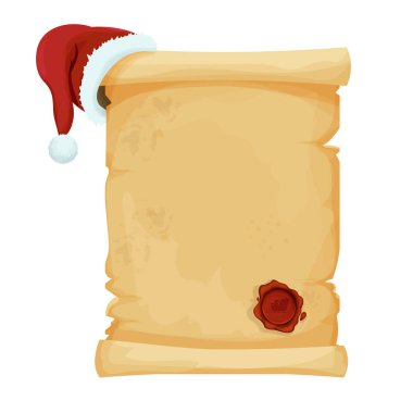 Parşömen kağıdı boş Noel Baba şapkası ve kırmızı yuvarlak balmumu mühür ile beyaz üzerine izole edilmiş çizgi film tarzında. Yeni yıl dekorasyonu, çerçeve. Tatil, kış. Vektör illüstrasyonu