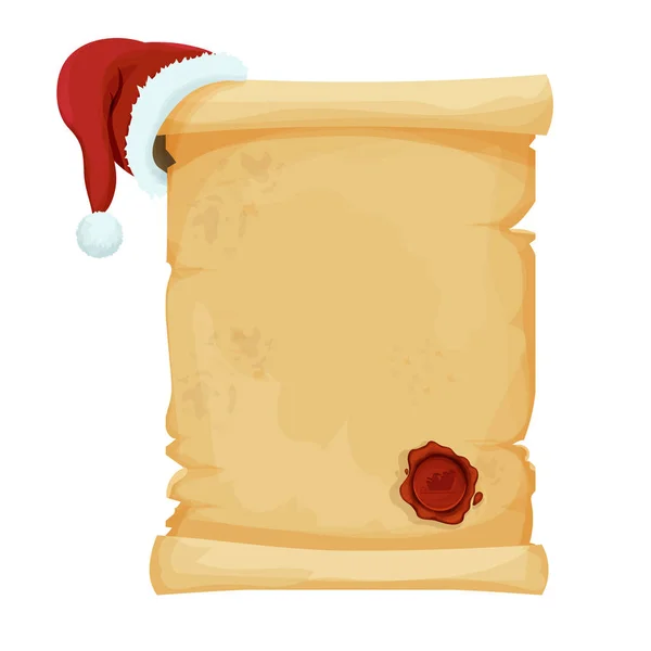 Perkament Scroll Lege Kerstbrief Met Santa Hoed Rode Ronde Wax — Stockvector