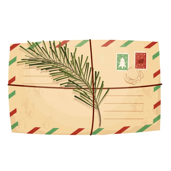 Kerstbrief Enveloppe Met Stempel Zegel Dennen Tak Cartoon Stijl Geïsoleerd — Stockvector