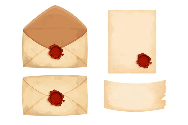 Set Enveloppe Vintage Lettres Papier Avec Sceau Cire Rouge Dans — Image vectorielle