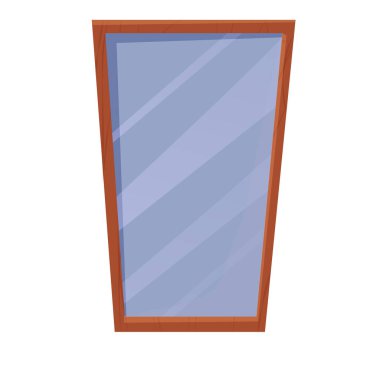 Çizgi film tarzında aynalı ahşap çerçeve. Evin içi, mobilyalar. Temiz zarif bir nesne, dekor elementi. Dikdörtgen şeklinde. Vektör illüstrasyonu