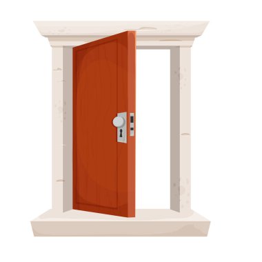 Açık kapı, çizgi film tarzında giriş beyaz arka planda izole edilmiş. Taş çerçeveli ahşap kapı. Detaylı, desenli element. Vektör illüstrasyonu