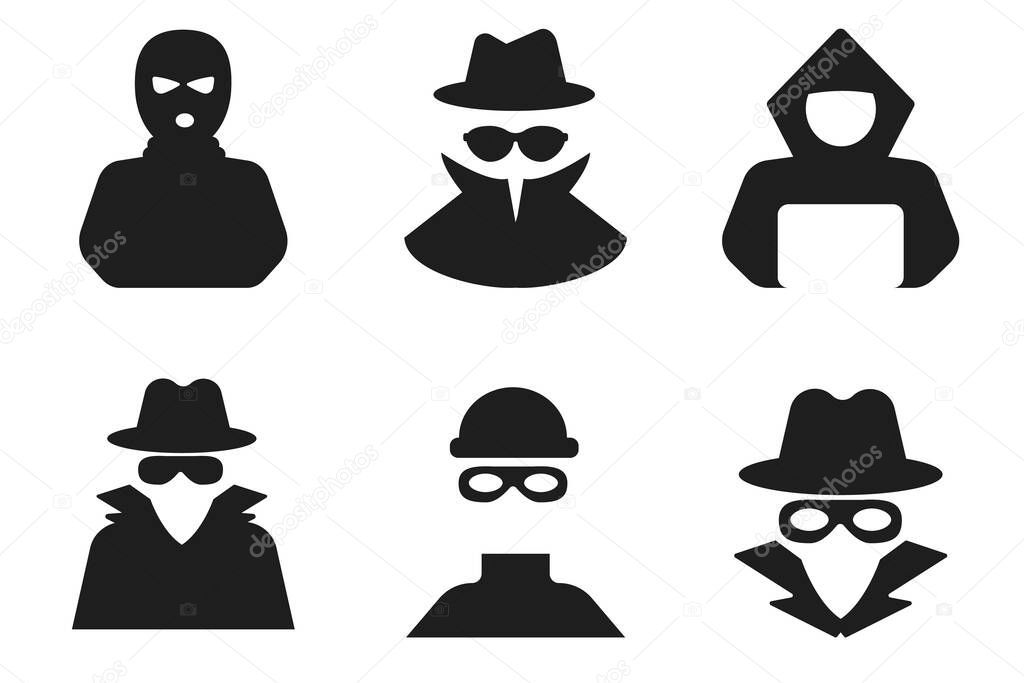 Incognito anonymous bandit set character silhouette icon, hacker or scammer with hidden face, villain. Thief, criminal, robber simple sign. . Vector illustration