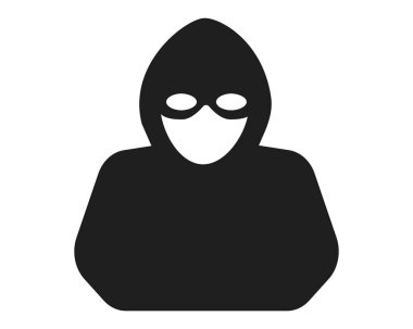 Kimliği belirsiz karakter silueti simgesi, bilgisayar korsanı ya da gizli yüzlü dolandırıcı, kötü adam. Hırsız, suçlu, hırsız işareti. - Evet. Vektör illüstrasyonu