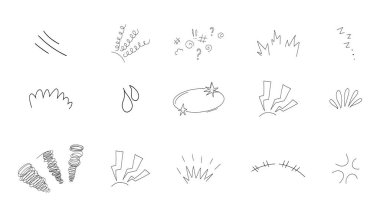 Çizgi roman efekti kızgın ünlem ifadeleri, el çizimi çizgi çizimi anime reaksiyonu seti. Anime 'nin baş dönmesi işaretlerini yaz. Yüksek kalite fotoğraf