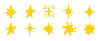 Yıldız pastel boya kalemi çizim çizimi veya karalama tasarım elementi. Kalıplı, pırıl pırıl okul karalaması. Pastel boya, göz kırpma, havai fişek, sim silueti ve parıldayan semboller. Vektör