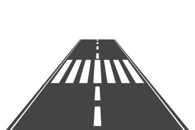 Düz yol perspektifi caddesi, yaya geçidi, zebra asfaltı. Otoyol. Işınlanma yolu. Kesik çizgiler, beyaz işaretler. Ufka giden yol. Vektör illüstrasyonu