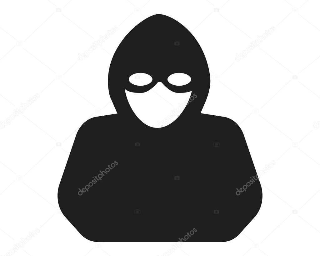 Incognito anonymous character silhouette icon, hacker or scammer with hidden face, villain. Thief, criminal, robber simple sign. . Vector illustration