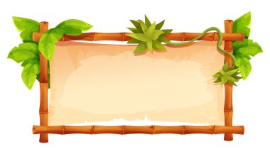 Orman yaprakları ve sarmaşıklı boş parşömenli bambu çerçevesi. Temalı projeler oyun ui border, menü. Eski kağıt desenli, bambu kenarlı. Vektör illüstrasyonu