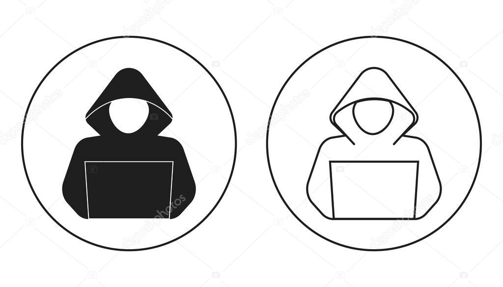 Incognito anonymous character silhouette circle icon set, hacker or scammer with hidden face, villain. Thief, criminal, robber simple sign. . Vector illustration