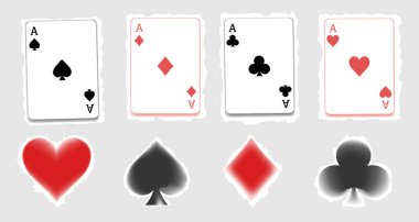 Yırtık kağıt y2k kolaj ile yarım ton ödeme dört adet maça, kupa, elmas ve sinek seti. Poker kartları üzerinde noktalar olan takımlar. Geleneksel şekiller ve otantik renkler. Vektör illüstrasyonu