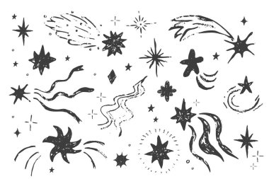 Yıldız set pastel boya kalemi kayan yıldızlar elle çizilmiş çizim. Basit tebeşir tebeşiri, parlak uzay elementleri, neşeli ışıklar. Vektör illüstrasyonu