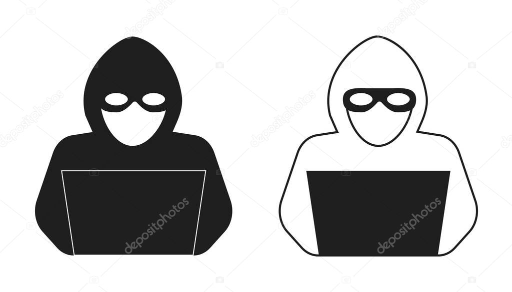 Incognito anonymous character silhouette icon, hacker or scammer with hidden face, villain. Thief, criminal, robber simple sign. . Vector illustration