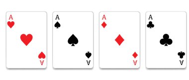 İskambil kartları dört as, kupa, elmas ve sinek seti. Poker kartları takımları. Geleneksel şekiller ve otantik renkler. Vektör illüstrasyonu