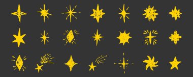 Yıldız pastel çizimi, tebeşirle çizilmiş çizim tasarım elementi. Parlak desenli kolleksiyon figürlü okul karalaması. Pastel boya, göz kırp, havai fişek, parlak siluet ve parıldayan semboller.