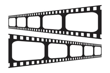 Eski sinema çerçevesi, video film şeridi. Retro klasik bant boş şablonu. Bant kenarı, grunge desenli siluet. Arka planda video kaydı var. Vektör illüstrasyonu