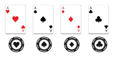 İskambil kartları dört as, kupa, elmas ve sinek seti. Poker kartları takımları. Geleneksel şekiller ve otantik renkler. Vektör illüstrasyonu