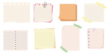 Tahsilat kağıtları, ataç ve yapıştırıcı bantlı not sayfaları. Yapışkan hatırlatıcılar, boş kağıtlar, çıkartmalar. Kontrol listesi yırtılmış kenar kağıt. Vektör illüstrasyonu
