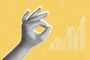 Yarım ton Kolaj El sarı arka plan Tamam işaret sorunu analizi. Borsa istatistik tablosu. Finans sektörü veri grafiği. Çözüm bul ya da neden veya hadise için cevap ver. Vektör illüstrasyonu