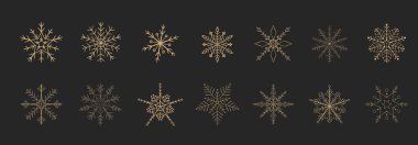 Kar tanesi seti, zarif altın kar taneleri siluetleri, kış kristali. Çizgi süsü, ışıltılı tasarım elementi. Değişik kar şekilleri. Vektör illüstrasyonu