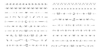 Çizgi ayırıcı, şirin sınır koleksiyonu el yapımı elementler ayırıcı. Geometrik karalama çerçevelerini yay, kalp, ay ile ayarla. Yıldızlar ve geometrik şekiller. Dantelli yatay dekorasyon. Vektör illüstrasyonu