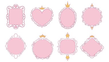 Prenses çerçeve ayna çizgisi perisi. Bebek prenses için taçlı tuhaf, sevimli karalama aynaları. Koleksiyon zarif pastel dekor. Vektör illüstrasyonu