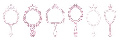 Prenses çerçeve aynası çizgi perisi. Bebek prenses için taçlı tuhaf, sevimli karalama aynaları. Koleksiyon zarif pastel dekor. Vektör illüstrasyonu