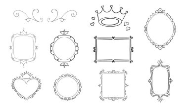 Prenses çerçeve aynası çizgi perisi. Bebek prenses için taçlı tuhaf, sevimli karalama aynaları. Koleksiyon zarif pastel dekor. Vektör illüstrasyonu