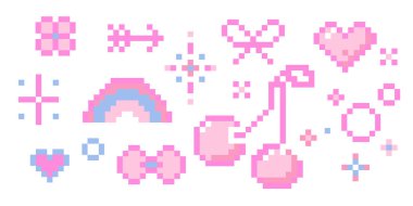 Şirin piksel kenarı güzel pembe piksel dekorasyonu. Y2k retro oyun 8 bit çiçek, yıldızlar parıldıyor, kelebek, kalp ve kiraz. Işıldayan parlak yıldızlar emojisi. Vektör illüstrasyonu