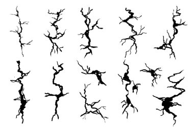 Crack wall, ground texture breaks on land surface. Ground fissure line sketch set. Crash fracture, land damage, earthquake. Vector illustration
