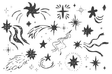 Yıldız kıvılcımlı, kayan yıldızlar elle çizilmiş çizim. Basit tebeşir tebeşiri, parlak uzay elementleri, neşeli ışıklar. Vektör illüstrasyonu