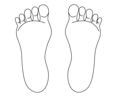 Ayak ikonu, çizgi ayak izi, insan bacağı silueti taslağı. Yalınayak taban. Erkek kişiliği. Vektör illüstrasyonu
