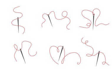 İplik takımlı zarif bir iğne. İğne sembolü ve kıvrımlı kırmızı iplik, terzi ve ayakkabıcı dikiş aleti, dikiş elementi. Küçük dövme, giysiler için parmak izi. Vektör illüstrasyonu