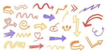 Kolaj elementlerini karalamak için kağıt ok kesikli karalama kitabı seti. Y2k girdap, yukarı ve aşağı, sağ ve sol ok koleksiyonu. Vektör illüstrasyonu