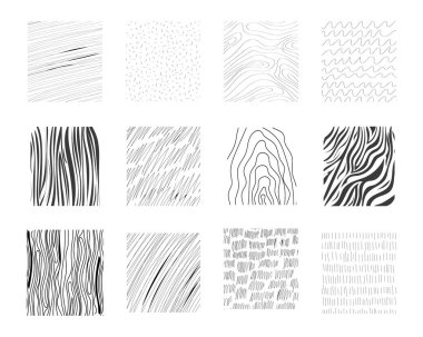 Çapraz kapak desenleri, el çizimi desen seti, çapraz çizgi karalama grunge arkaplan. Grafit vuruşları, çizgiler, ahşap, gölgeleme elementleri. Vektör illüstrasyonu